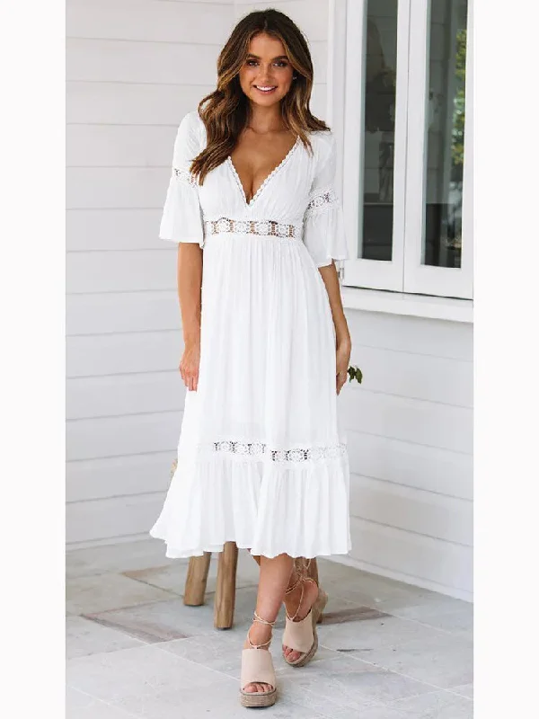 DressBetty - 2024 Sexy V Neck Lace Splice Boho Midi Dress