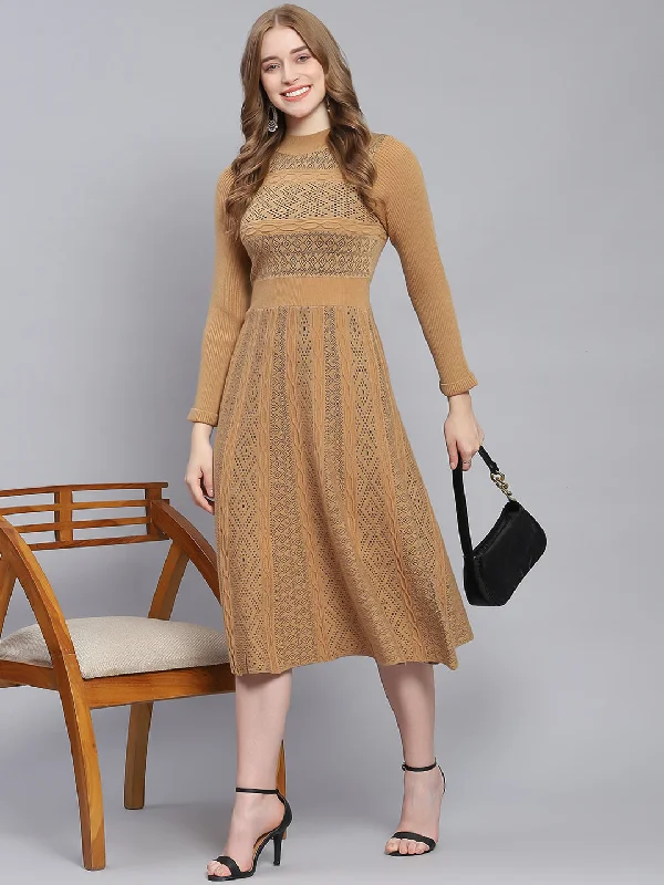 Women Brown Self Design T Neck 3/4 Sleeve Dresses