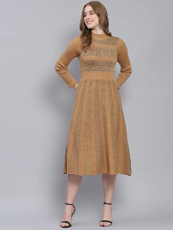 Women Brown Self Design T Neck 3/4 Sleeve Dresses