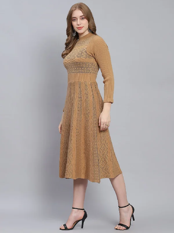 Women Brown Self Design T Neck 3/4 Sleeve Dresses