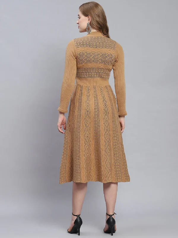 Women Brown Self Design T Neck 3/4 Sleeve Dresses