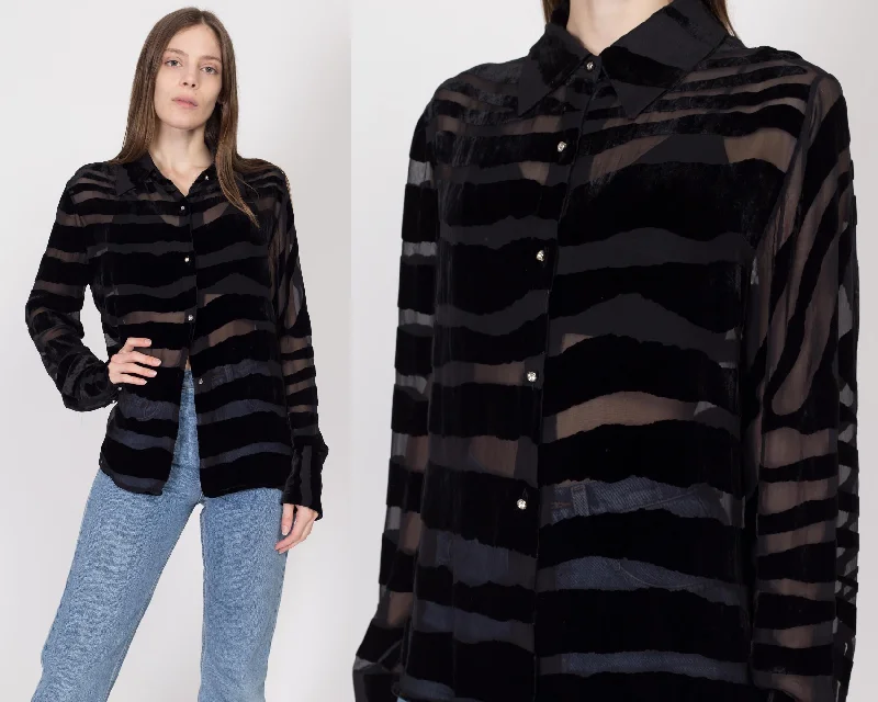 XL 90s Black Velvet Burnout Zebra Stripe Blouse