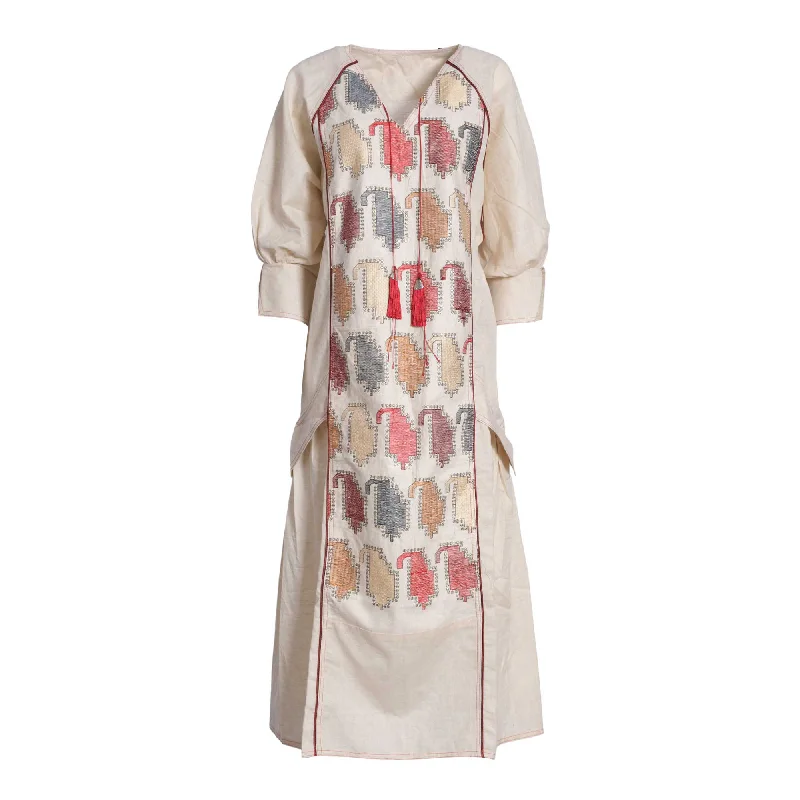 Fahm Women's Beige Printed Dress, Free Size