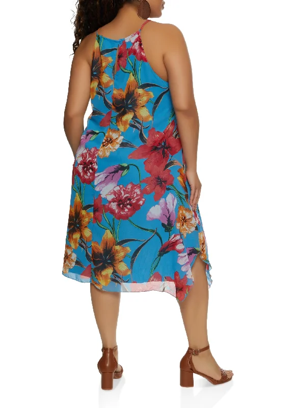 Plus Size Floral Print Beaded Neck Handkerchief Dress