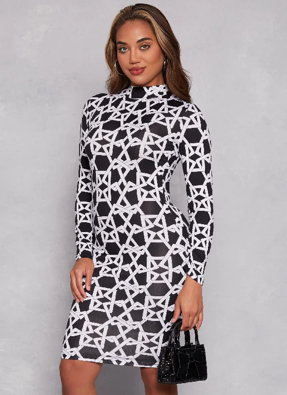 Printed Mock Neck Long Sleeve Dress