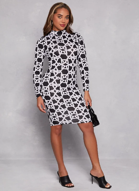 Printed Mock Neck Long Sleeve Dress