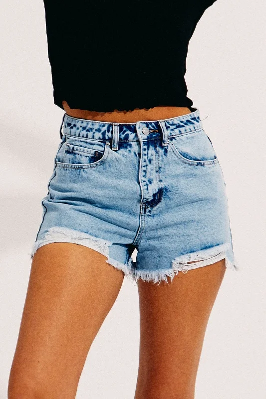 Blue Distressed High Rise Denim Shorts