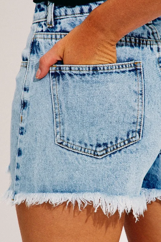 Blue Distressed High Rise Denim Shorts