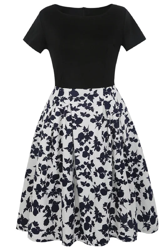 Boat Neck Printed Black 1950s Dress with Short Sleeves