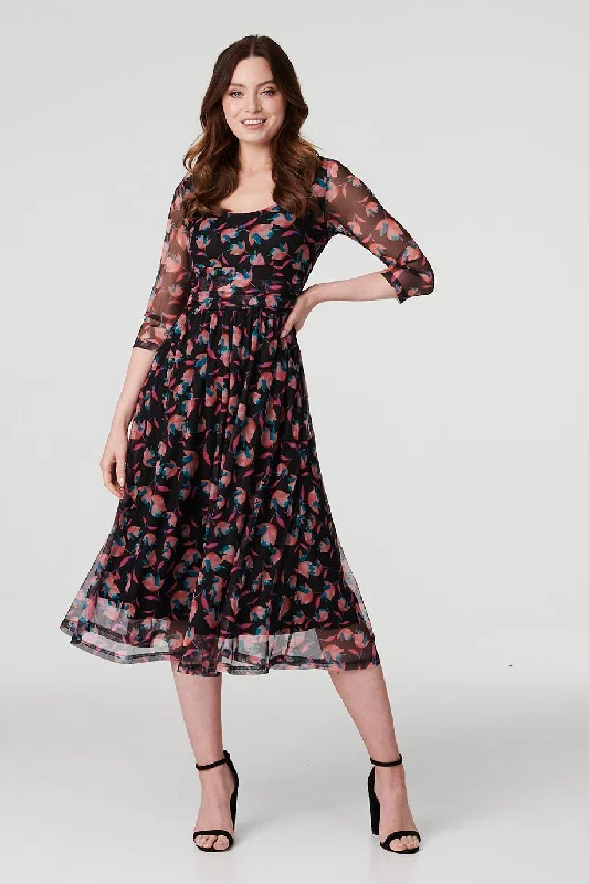 Floral Semi Sheer Ruched Midi Dress