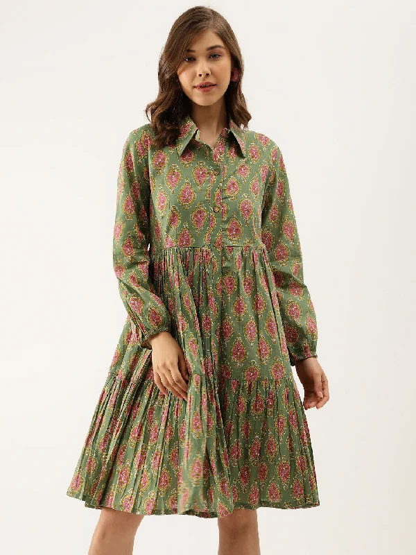 Green Paisley Printed Cotton Dress