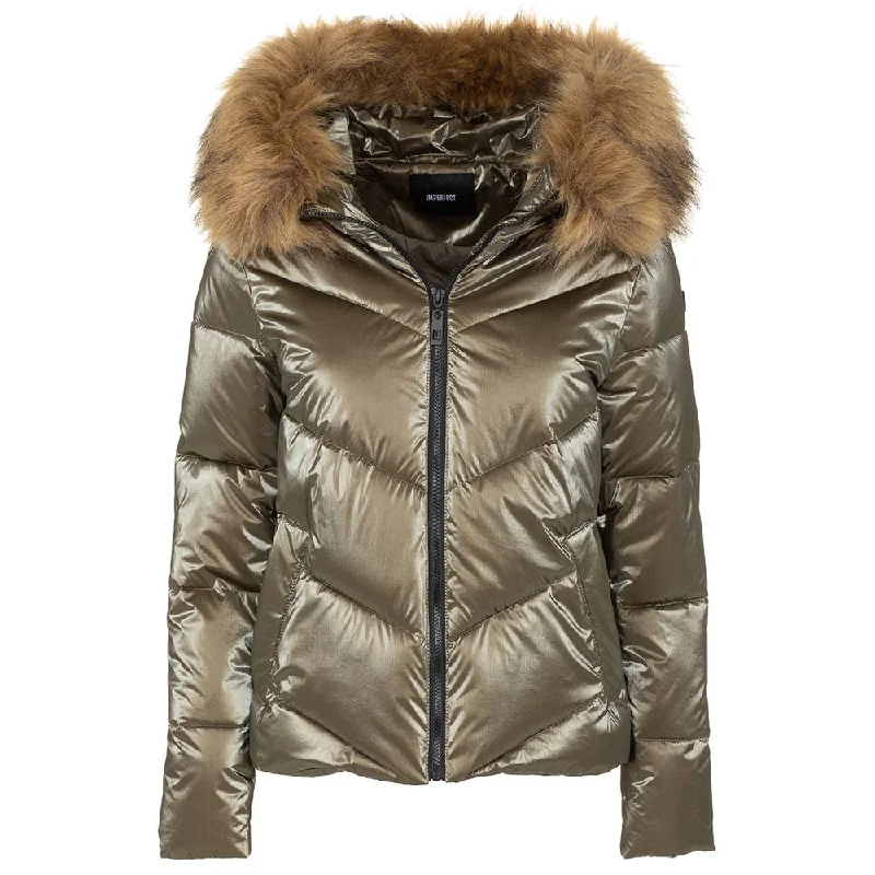 Eco-Fur Hooded Down Jacket in Brown