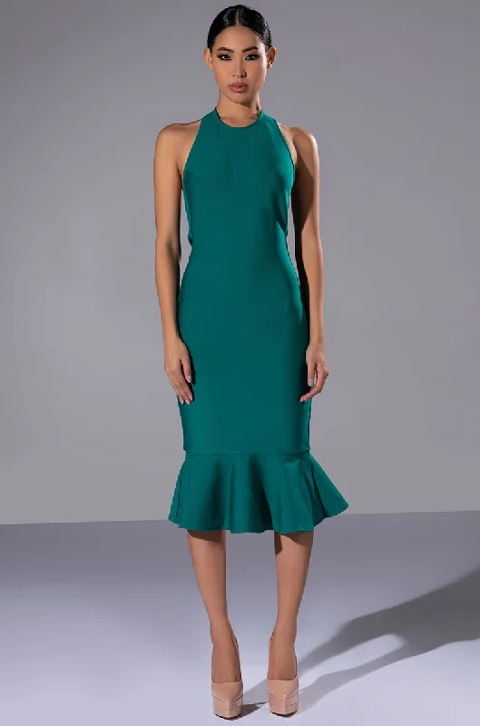 HEIRESS SLEEVELESS PEPLUM DRESS IN EMERALD