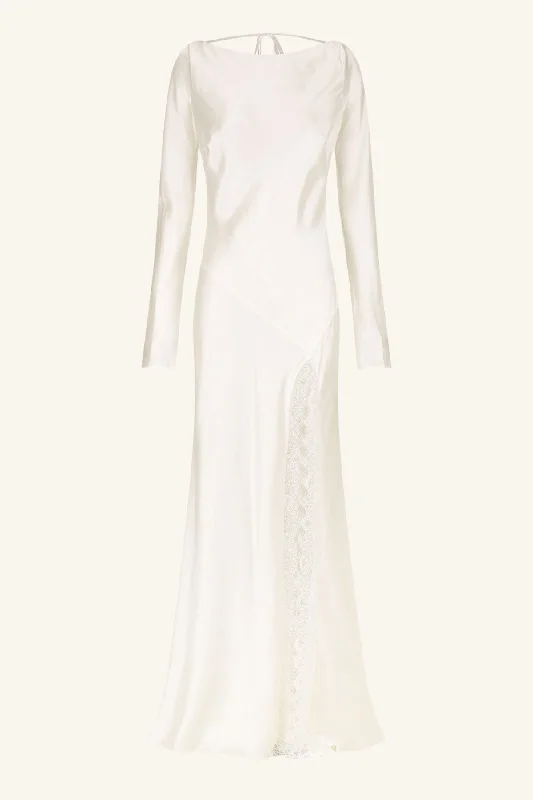 LA LUNE CUMULUS SILK BACKLESS LACE SPLIT MAXI DRESS - IVORY