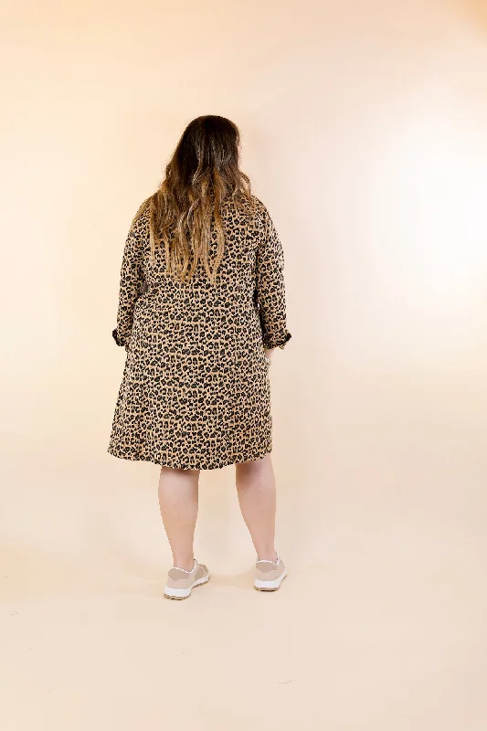 Manhattan Minute Leopard Print Button Up Dress with Long Sleeves