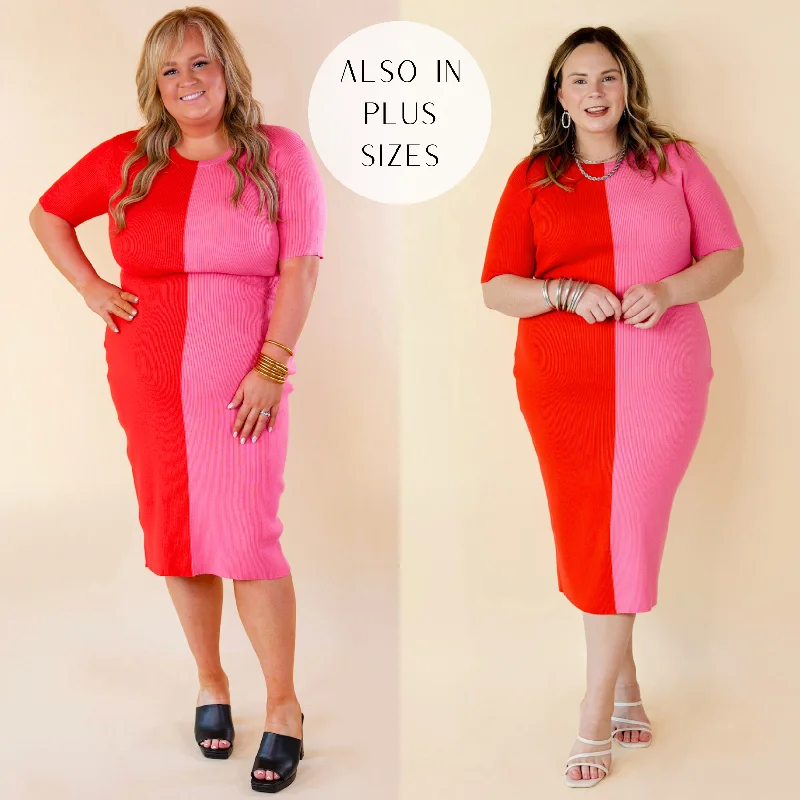 No Drama Ribbed Short Sleeve Midi Dress in Red and Pink