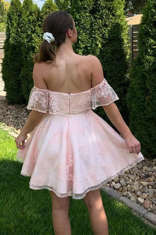 Off the Shoulder Pink Lace Short Prom Dress  A Line Pink Homecoming Dress OK1521