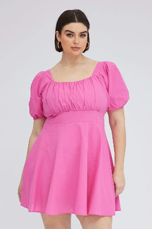 Pink Mini Dress Sweetheart Neck Tie Waist Puff Sleeve