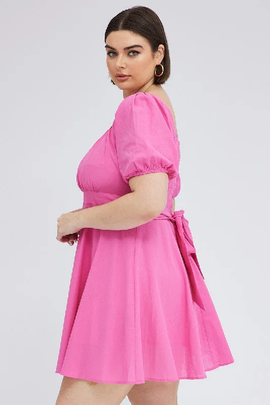 Pink Mini Dress Sweetheart Neck Tie Waist Puff Sleeve