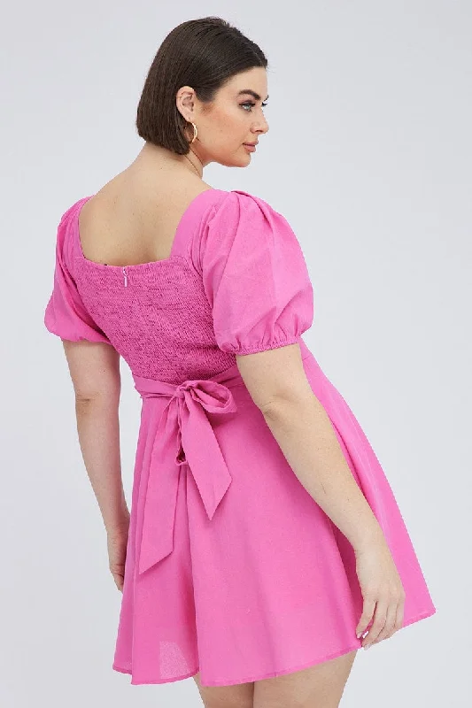 Pink Mini Dress Sweetheart Neck Tie Waist Puff Sleeve