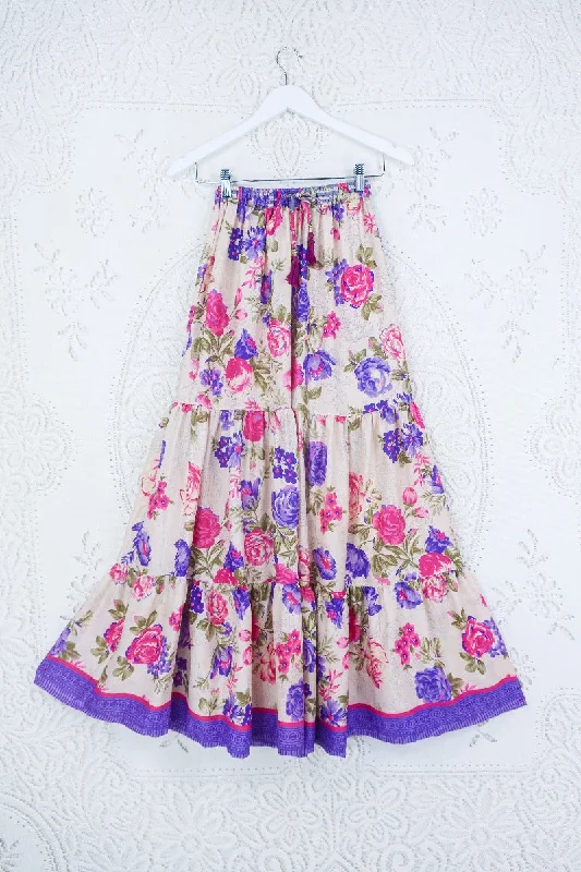 Rosie Maxi Skirt - Vintage Sari - Antique White, Violet & Pink Rose Floral - XS - M