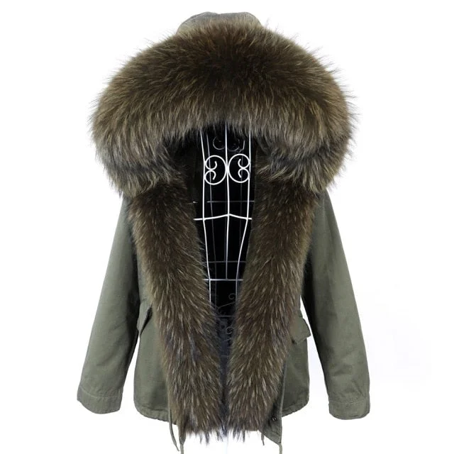 Slim Fit Natural Raccoon Fur Collared Thick Winter Jacket for Women