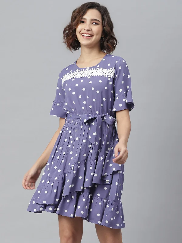 Women's Lavender Polka Dress with Lace detail - StyleStone