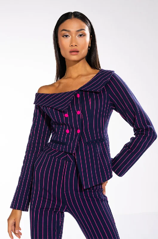 SWEET LIKE SUGAR PINSTRIPE OFF SHOULDER BLAZER