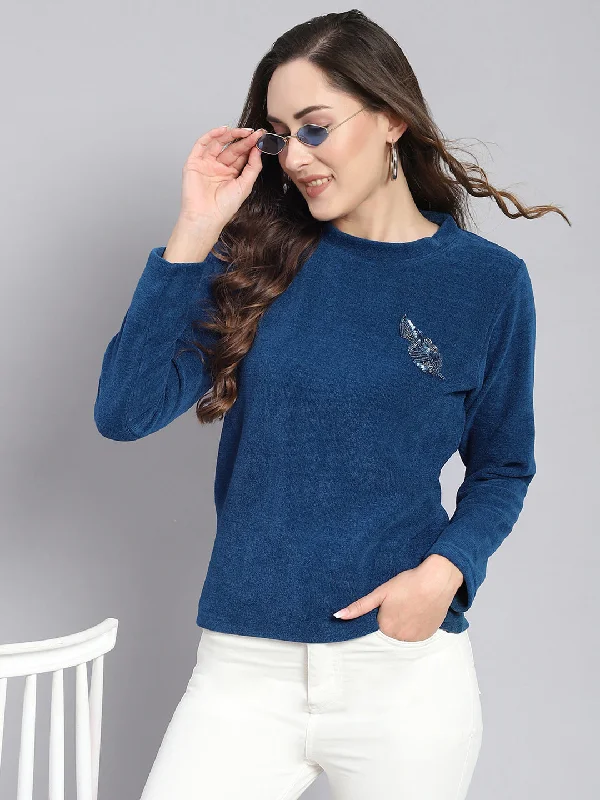 Women Blue Embroidered Round Neck Full Sleeve Sweater