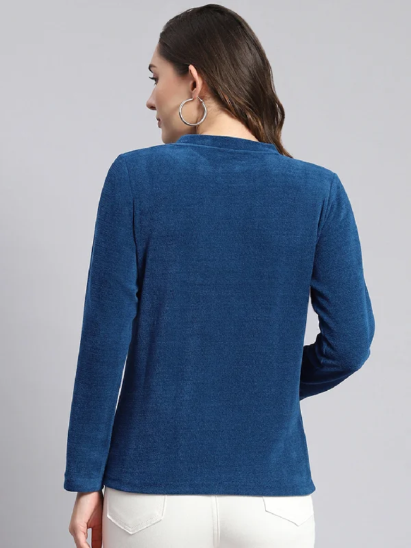 Women Blue Embroidered Round Neck Full Sleeve Sweater