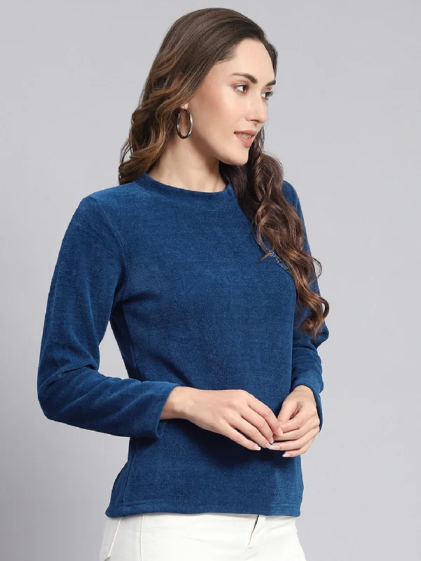 Women Blue Embroidered Round Neck Full Sleeve Sweater