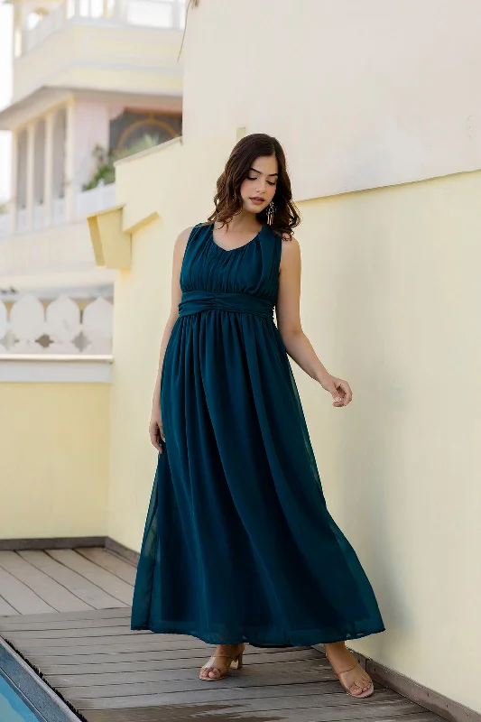 Women Teal Sleeveless Georgette Western Dress