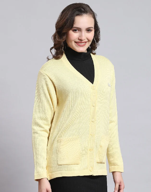 Women Yellow Solid V Neck Full Sleeve Sweater