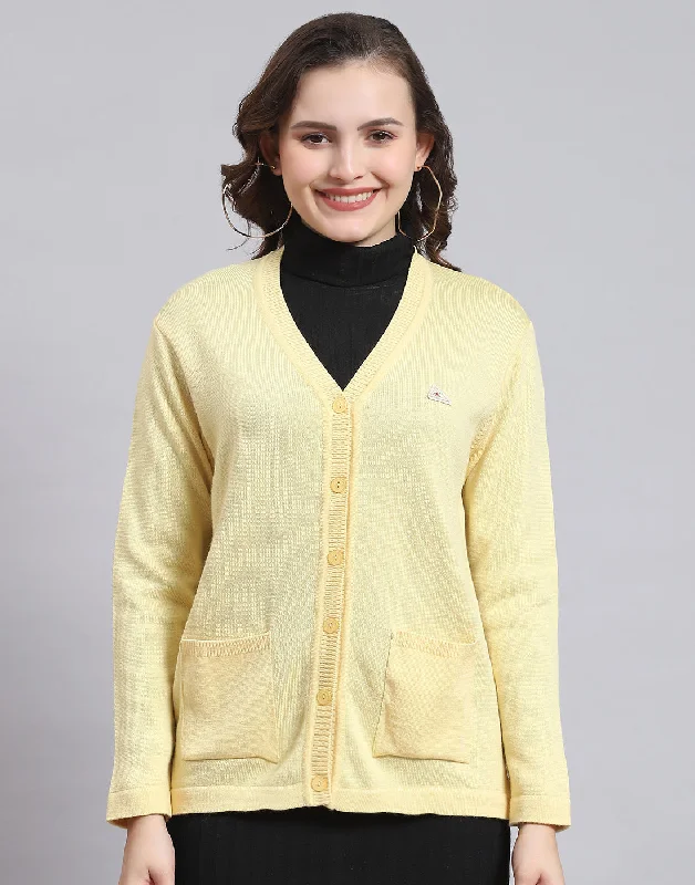 Women Yellow Solid V Neck Full Sleeve Sweater