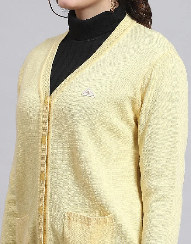 Women Yellow Solid V Neck Full Sleeve Sweater