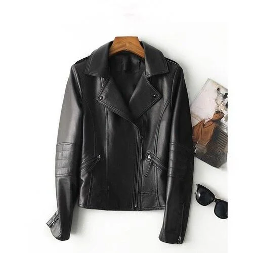 Women's Korean Genuine Sheepskin Leather Short Motorcycle Jacket