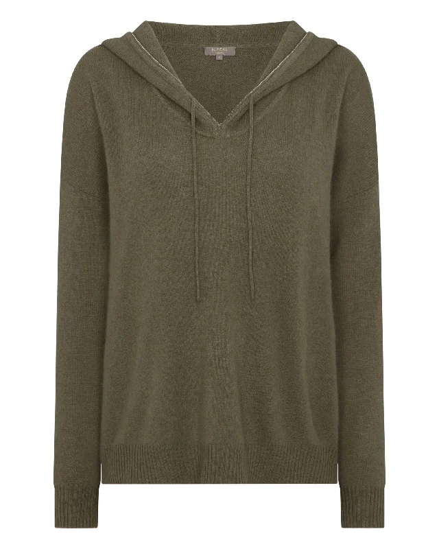 Women's Metal Edge Hooded Cashmere Sweater Khaki Green