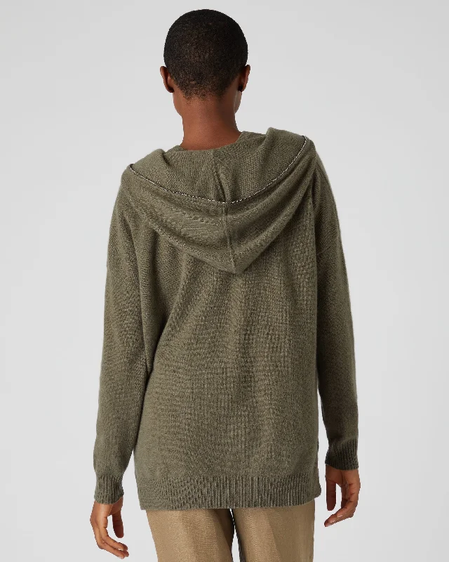 Women's Metal Edge Hooded Cashmere Sweater Khaki Green