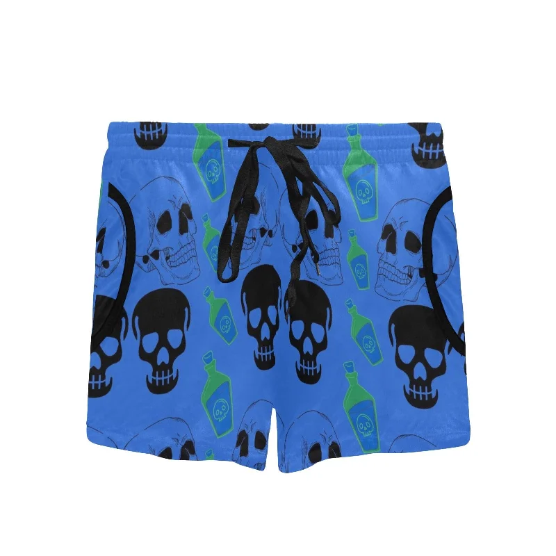 Women's Mid-Length Black Skull Heads Blue Tie Front Shorts