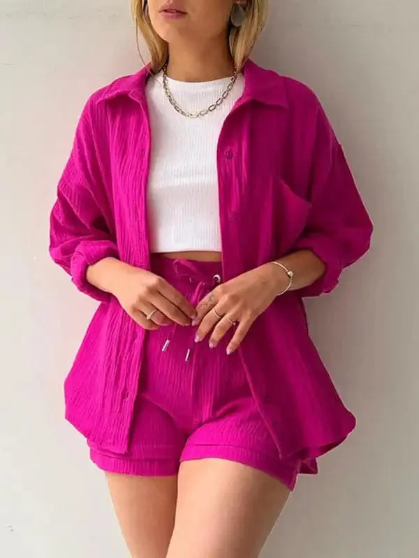 Women’s solid color lapel collar shirt & shorts two-piece sets