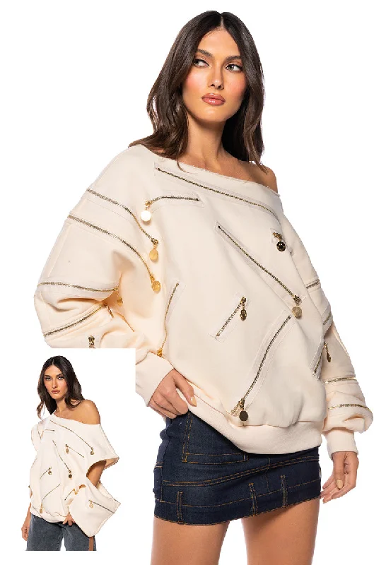 ZIP ME UP OFF THE SHOULDER SWEATSHIRT