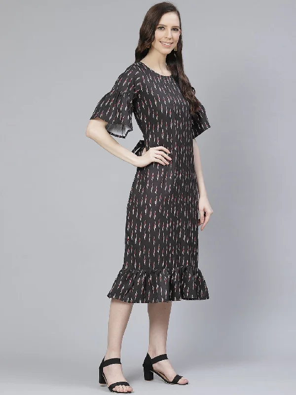 Women's Poly Rayon Black Colored Digital Printed Flared  Dress - Ziyaa