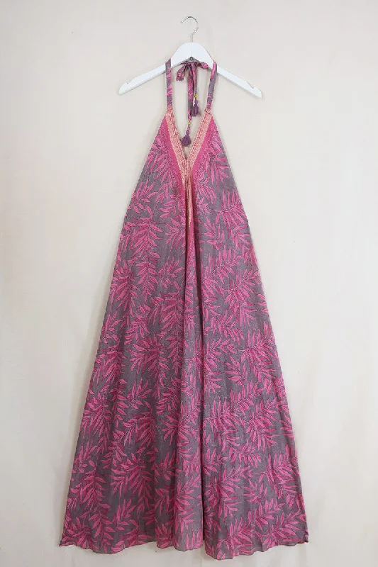 Athena Maxi Dress - Vintage Sari - Tropical Pink Palms - Free Size S/M