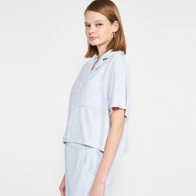 Boxy Short Sleeve Button Up Top (Blue)