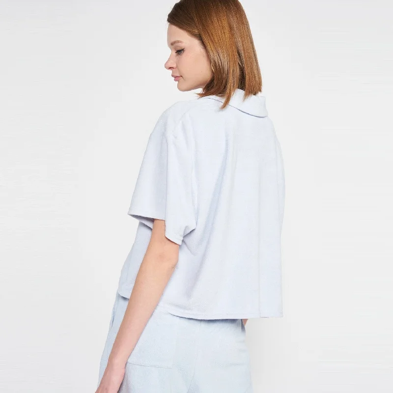 Boxy Short Sleeve Button Up Top (Blue)