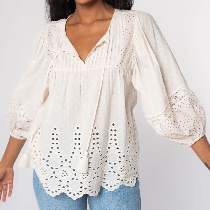 Dobby Dotted Embroidered Long Sleeve Peasant Top (Natural + Red)