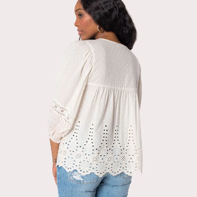 Dobby Dotted Embroidered Long Sleeve Peasant Top (Natural + Red)