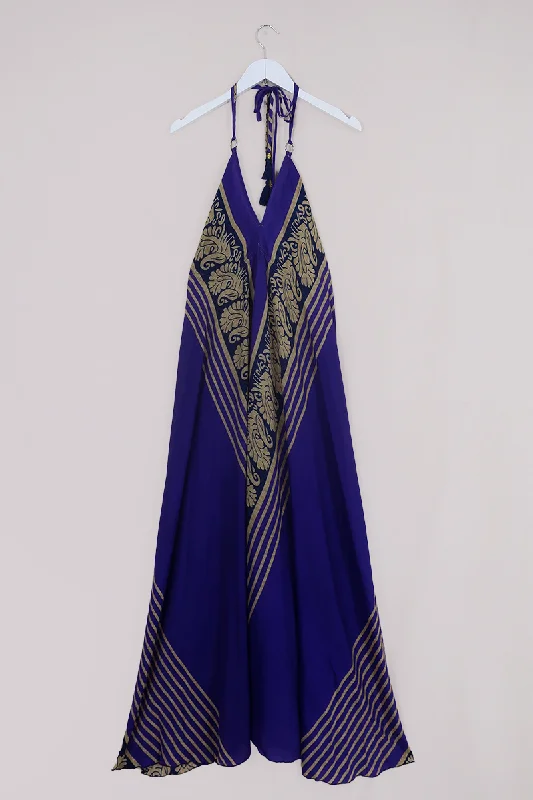 Eden Halter Maxi Dress - Vintage Sari - Purple Violet Peacocks - Free Size S - L