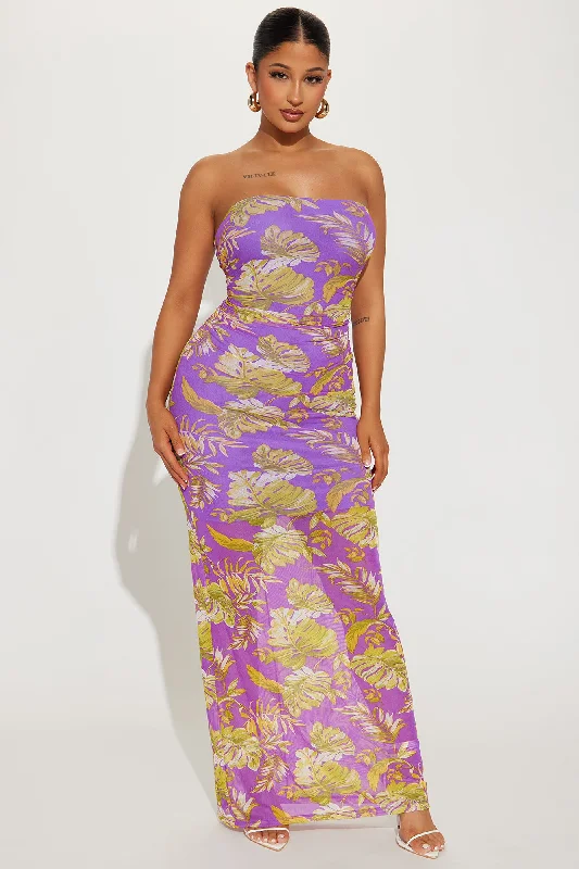 Evelyn Tropical Mesh Maxi Dress - Purple