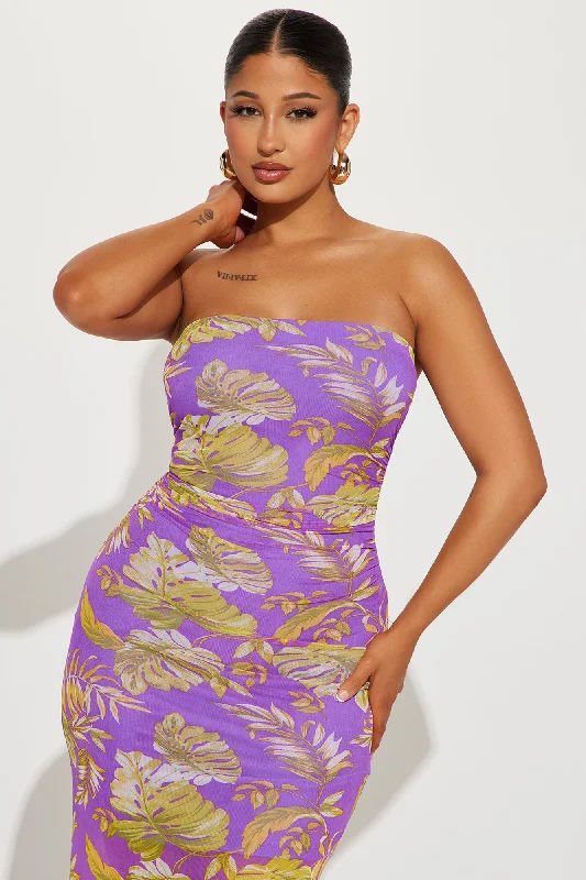 Evelyn Tropical Mesh Maxi Dress - Purple